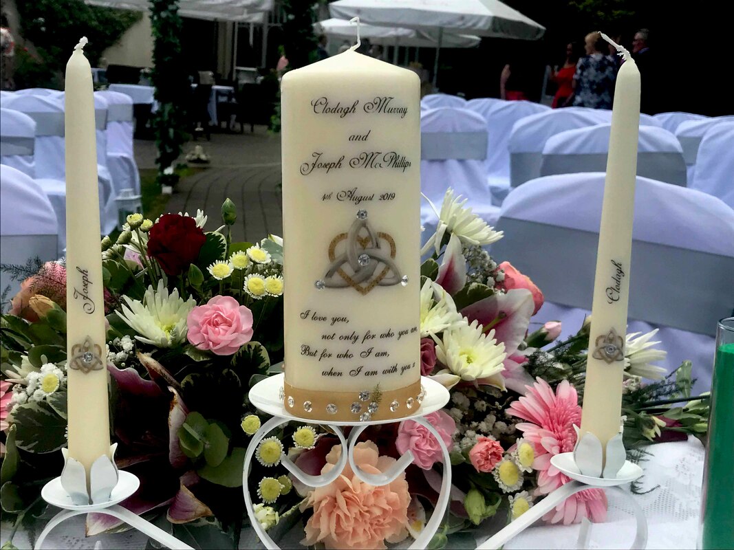 Gold Trinity Knot personalised wedding candle set
